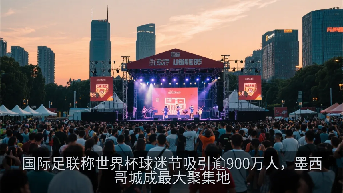 户外球迷活动现场的音乐表演与观赛人群