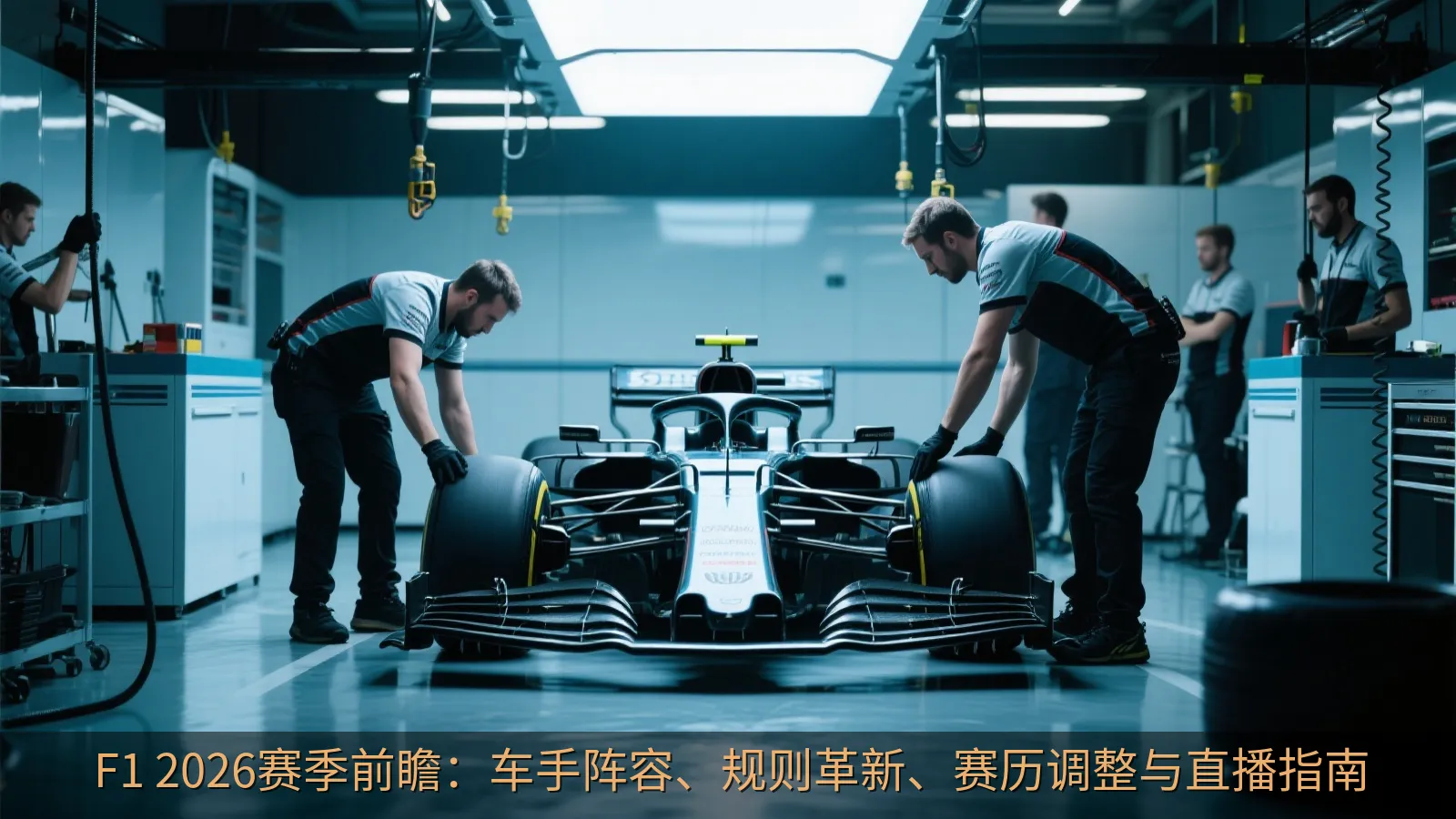 赛车技师在车库内为单座赛车进行准备